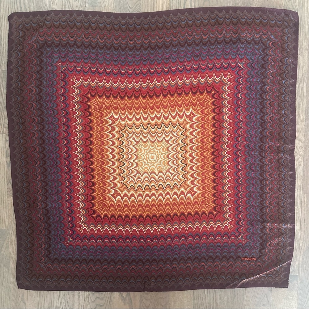 Vintage Missoni Marbled Silk Scarf in Red, Rust, Blue, Brown, Cream 33.5" Square - Picture 2 of 8